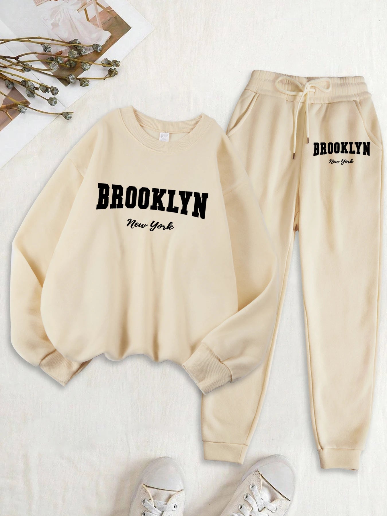 Maxy Brooklyn New York Letter Print Women Sweatshirt Set Autumn Fleece Clothes 2Pc Sets O-Neck Casual Tracksuit Fashion Jogging Pants