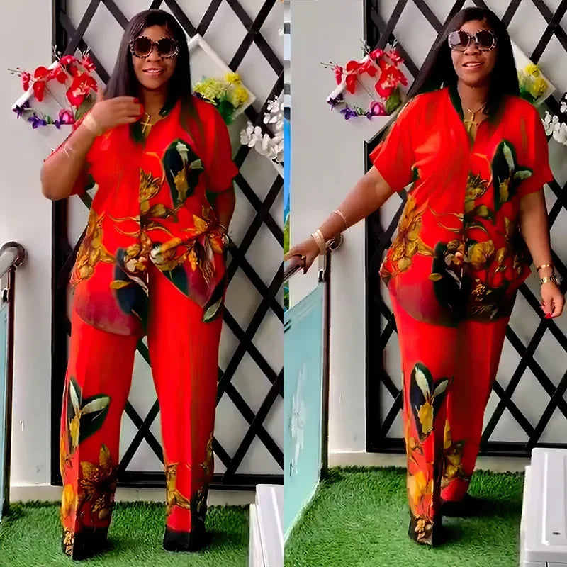 Maxy African Print Matching Sets for Women Satin Tops Pants Summer Blouse Trousers Suit Africa Clothing