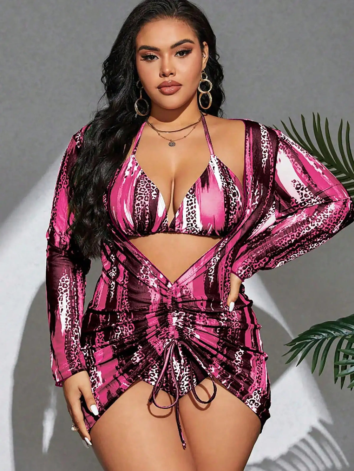 Maxy Vibrant Leopard and Color block 3-Piece Plus Size Tankini Set For Beach Summer Festival Wear
