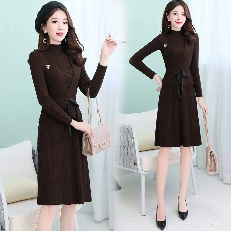 Maxy New Fashion Autumn Winter Women Long Sweater Dress Pullovers Warm Knitted Pullover Dresses + Sweaters Vest Two Pieces Set