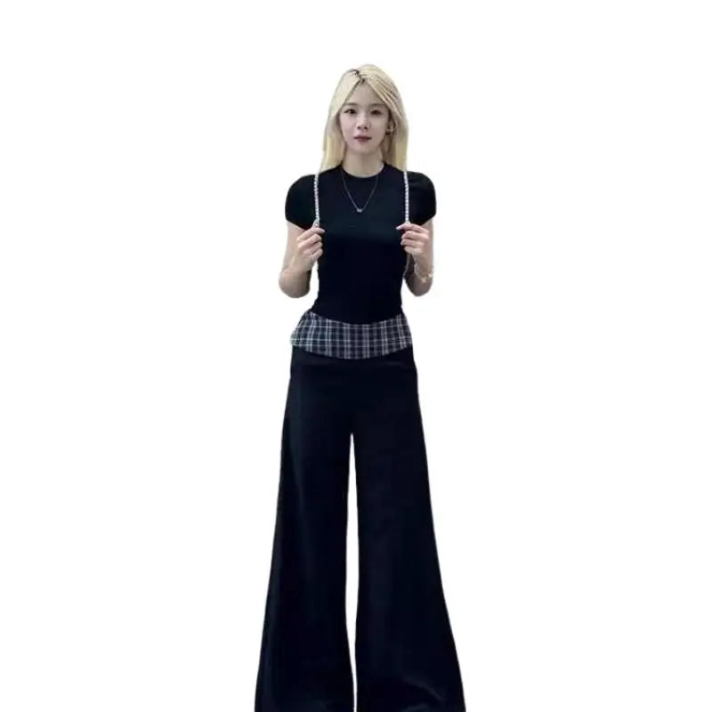 Maxy Women's Suit Fashion 2 Piece Set Short Sleeve Top Wide Leg Pants Cotton Women Summer Casual Elegant American Style Premium