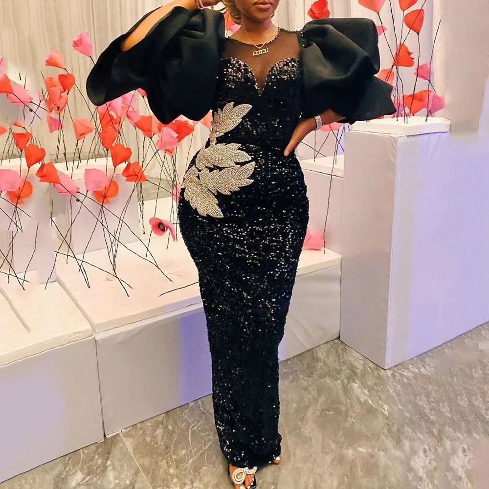 Amay Women Sequined Shiny Black Long Dress Glitter Embroidered Chest Wrapped Puff Sleeve Classy Winter Fall Party Celebrity Gowns New