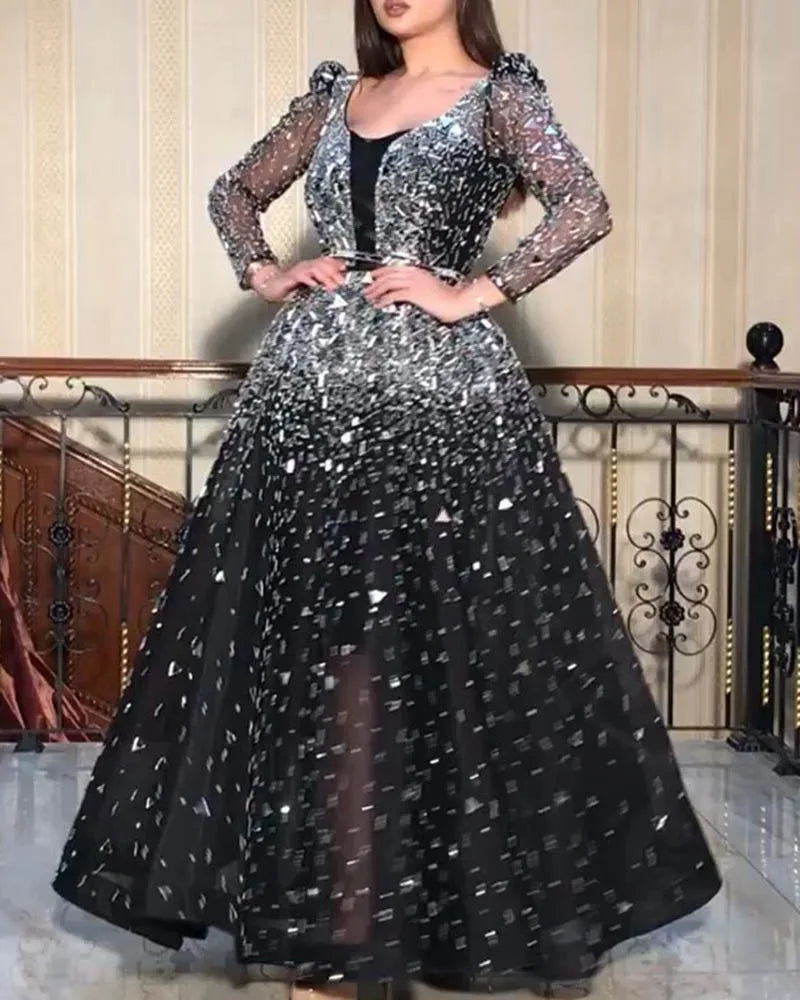 Maxy Luxury Rhinestone Evening Dress Sheer Full Sleeves Beaded Crystal Prom Party Gowns Black Arabic Dubai Robe De Soriee