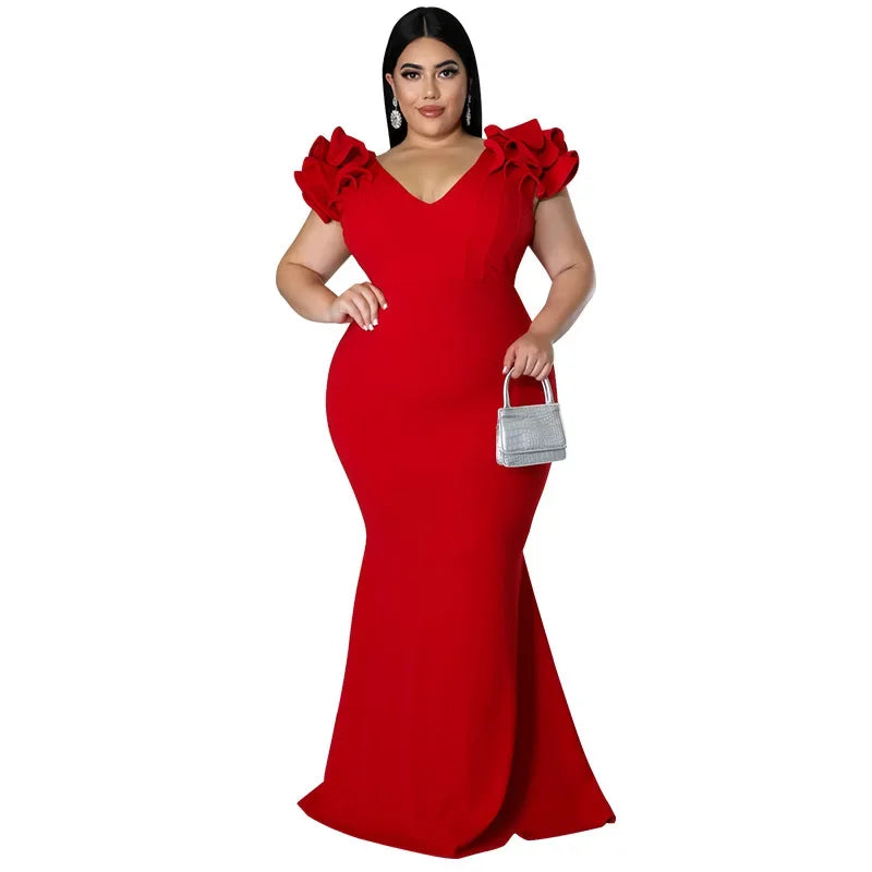 Maxy Ethnic Costume Sexy Ruffle Sleeve Wrap Hip Backless Dresses Elegant New Year Dress Women Dinner Party