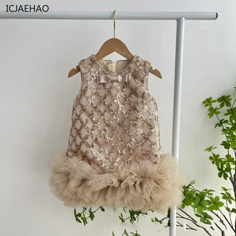 Maxy Princess Kids Sequin Long-Sleeved Princess Elegant Dresses Children's Ball Party Costume Flower Girls Wedding Tutu Clothes Vestidos
