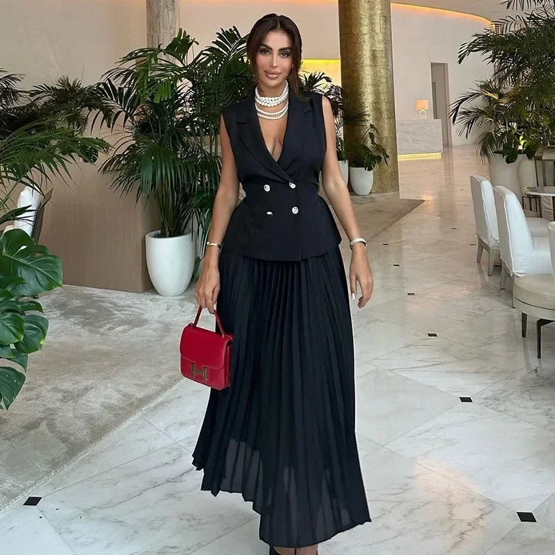 Maxy Two Piece Skirt Sets Casual Outfits Women Double Breasted Blazer Top + Pleated Long Skirts Suit Female Vocation Clothes