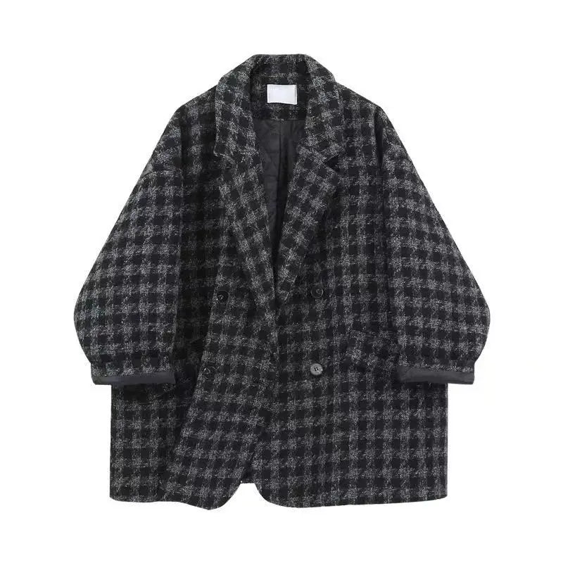 Maxy Autumn and Winter Fashion Women's Suit Korean Version Thick Woolen Plaid Suit Jacket Slimming Long Sleeved Dress Two-piece Set