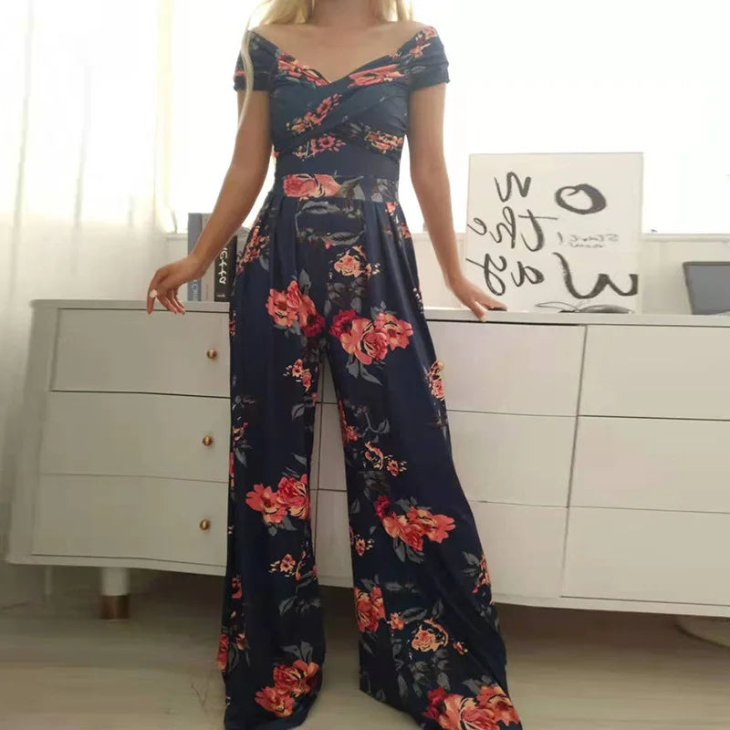 Amay Floral Print Jumpsuit Summer Y2k Women Straight Party Overalls Y2k Club Romper Elegant Off Shoulder Sleeveless Party Jumpsuits