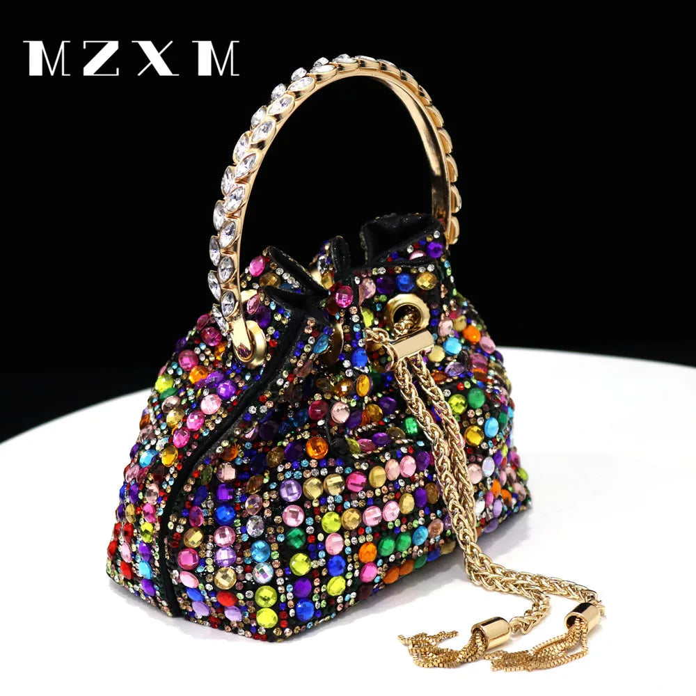 Maxy New Rhinestones Women Evening Bags Bucket Design Party Day Clutch Soft Mixed Color Shoulder Chain Handbags Purse