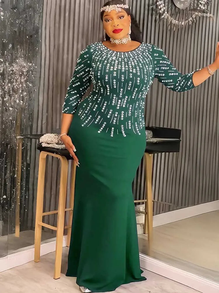 Maxy Plus Size Dresses for Woman Elegant Party Solid Color Diamond Long Evening Dresses Maxy Long Sleeve Dress