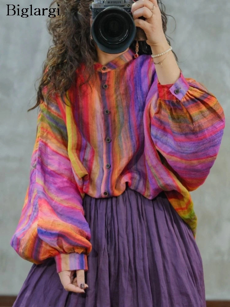 Maxy Oversized Summer 2 Two Piece Set Women Striped Print Casual Long Sleeve Ladies Shirt Elastic Waist Modis Ruffle Woman Long Skirt