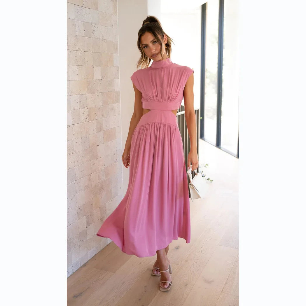 Maxy Summer Solid Color Sleeveless Dresses Women Temperament Elegant Stand Collar Hollow Out A-line Long Dress Ladies Trendy Vestidos