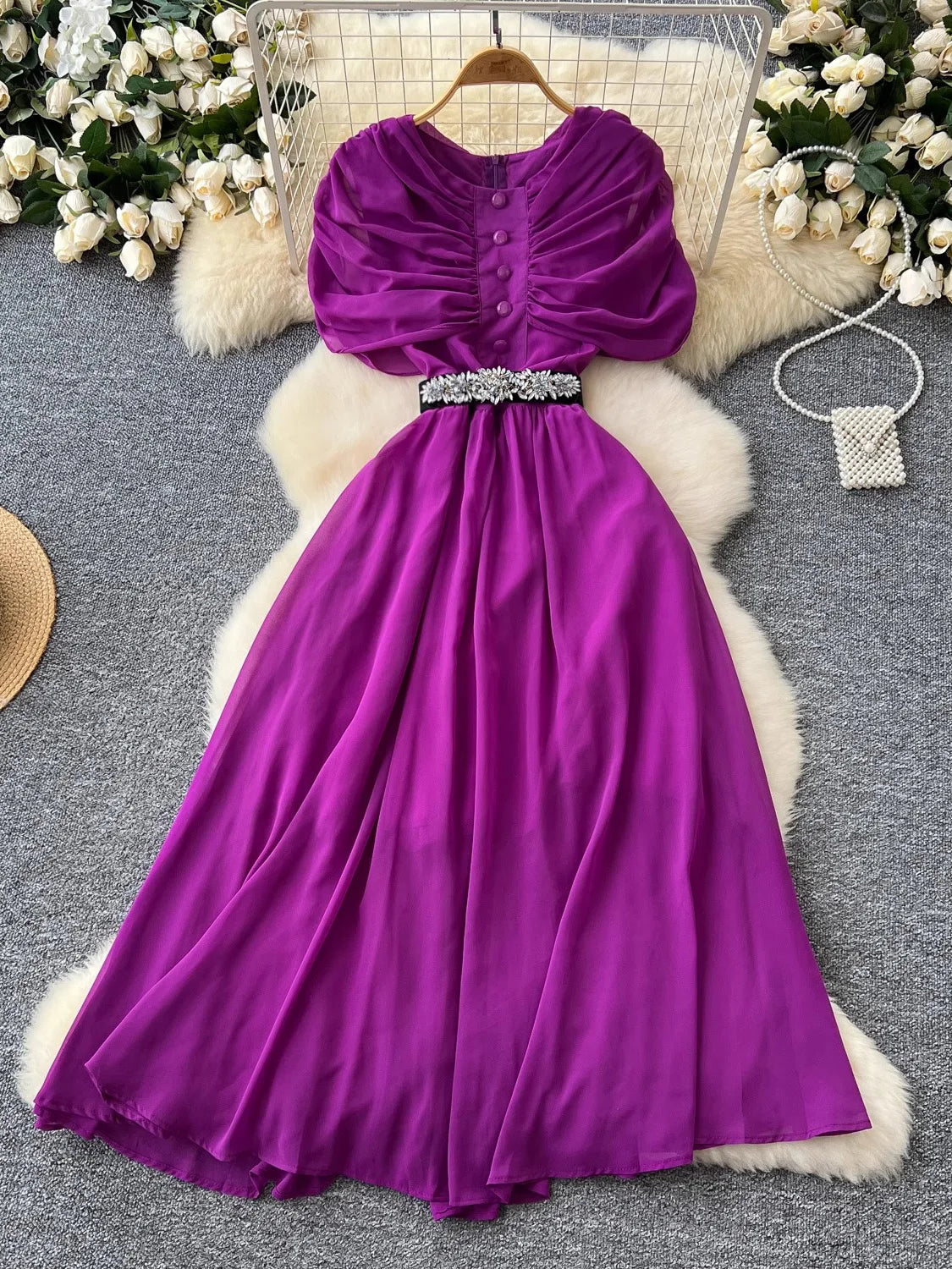 Maxy Spring Summer Women Red/Purple/Green Draped Chiffon Long Dress Vintage Round Neck High Waist A-Line Female Robe New