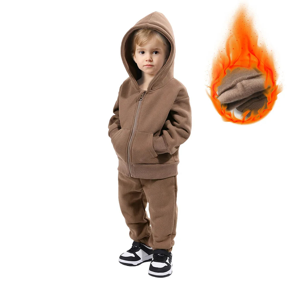 Maxy Children Hooded Tracksuits Suits Toddler Boys Girls Clothing Solid Plush Autumn Winter Sweatshirt Jacket Coats Sports Pants Set