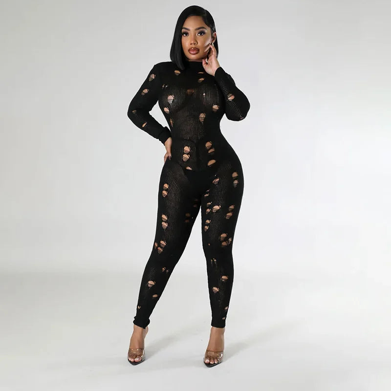 Amay Hollow Out Knit Slim Plain Ripped Jumpsuits Stand Collar Distressed Bodycon Lady Streetwear Casual Women Long Sleeve Jumpsuit