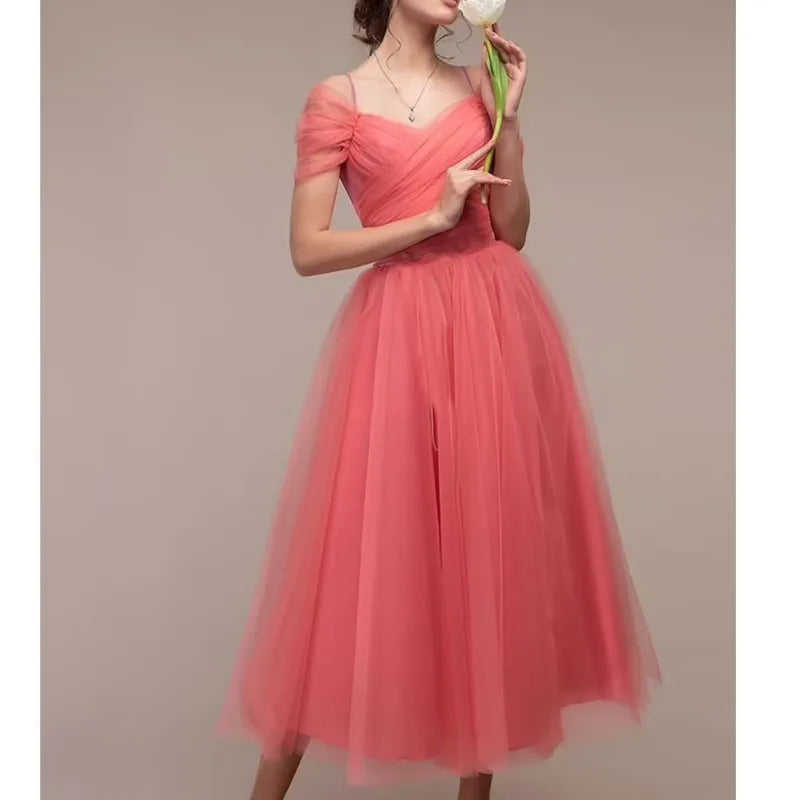 Maxy Women's Romantic Off Shoulder Ceremony Dresses Elegant Long Party Wedding Cocktail Bridesmaid Mesh Tulle Midi Wrap Gala Dress