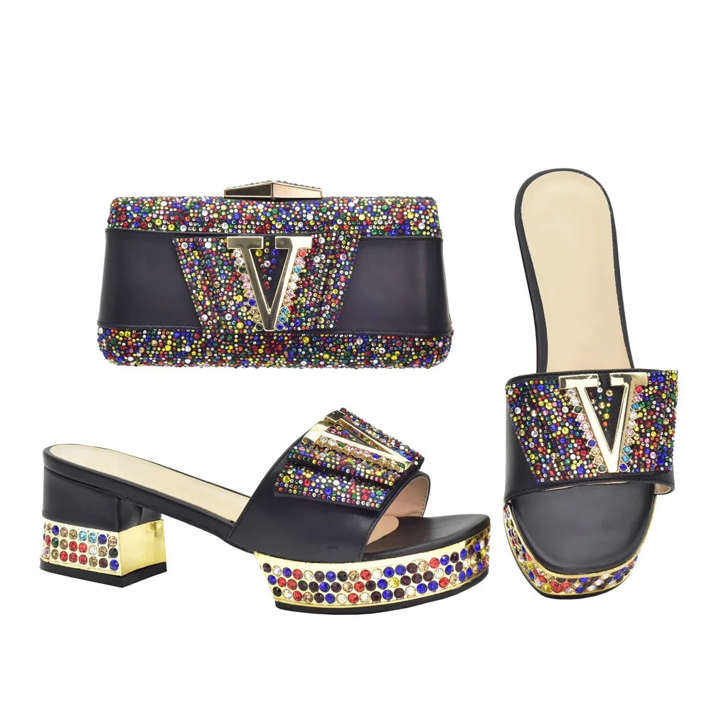 Maxy Ladies Shoes and Bags To Match Set Decorated with Rhinestone Shoes and Matching Bags Set Slip on Shoes for Women