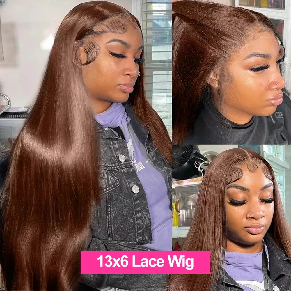 #4 Chocolate Brown Colored Straight Lace Front Wig 200 Density 13x4 13x6 HD Transparent Full Lace Frontal Human Hair Wig 46 Inch