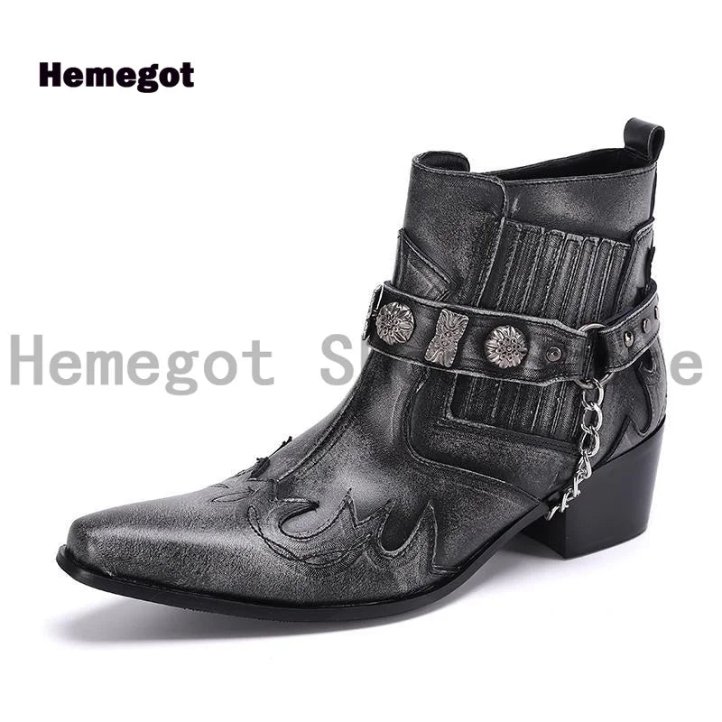 Visco Vintage Gray Men's Boots Metal Chain Buckle Pointed Toe Ankle Chelsea Boots Genuine Leather Dress Boots Stylish Handmade Boots