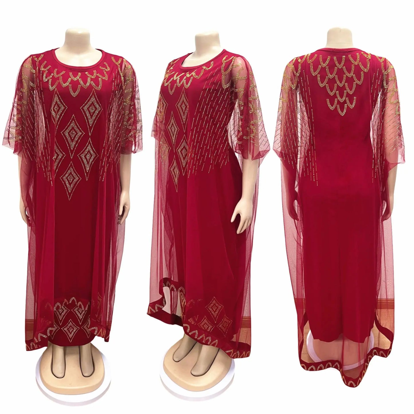 Maxy Two-Piece African Dresses for Women Traditional Nigeria Mesh Hot Drill Caftan Dress Abaya Musulman Robe Femme Clothes