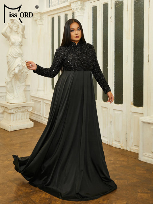 Momsey New Plus Size Black High Necked Long Sleeve Sequin A Line Evening Prom Dresses