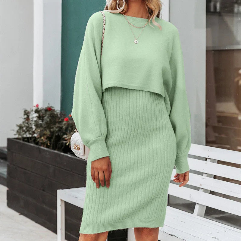 Maxy Knitted dress two-piece set 2024 autumn winter new lazy style fashionable solid color pullover woolen dress