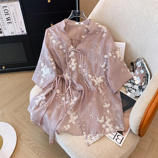 Maxy Plus size Women's dress Summer Casual Chiffon shirt Loose and comfortable Chinese style cardigan top Light and breathable