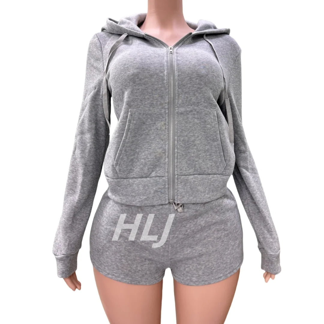 Maxy Casual Solid Hooded Zip Biker Shorts Tracksuits Women V Neck Long Sleeve Top And Shorts Two Piece Set Fashion Sporty Outfits