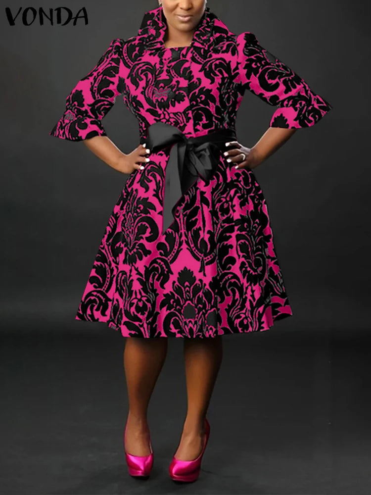 Maxy Plus Size Women Elegant Printed Dress Bohemian Stand Collar Bow Belt Casual Loose Robe Knee Length Sundress