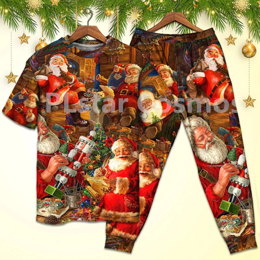 Christmas Funny Santa Claus Up On Rooftop Art Style - Pajamas Short Sleeve 3D All Over Printed Kids Pajamas Cosplay Clothes