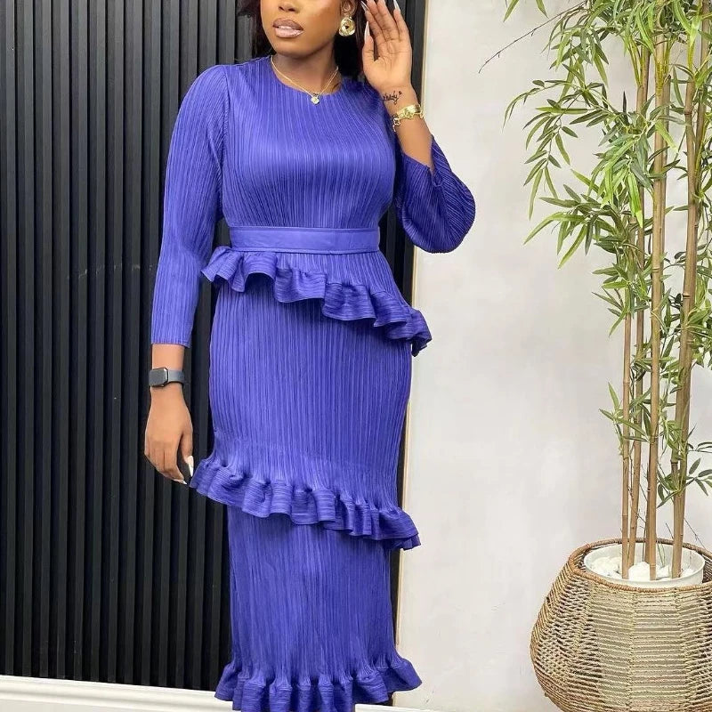Babs Elegant Dresses for Women Long Sleeve O Neck Layered Ruffles Trim Bodycon Dress with Belt Stylish Chic Female Spring Outfits