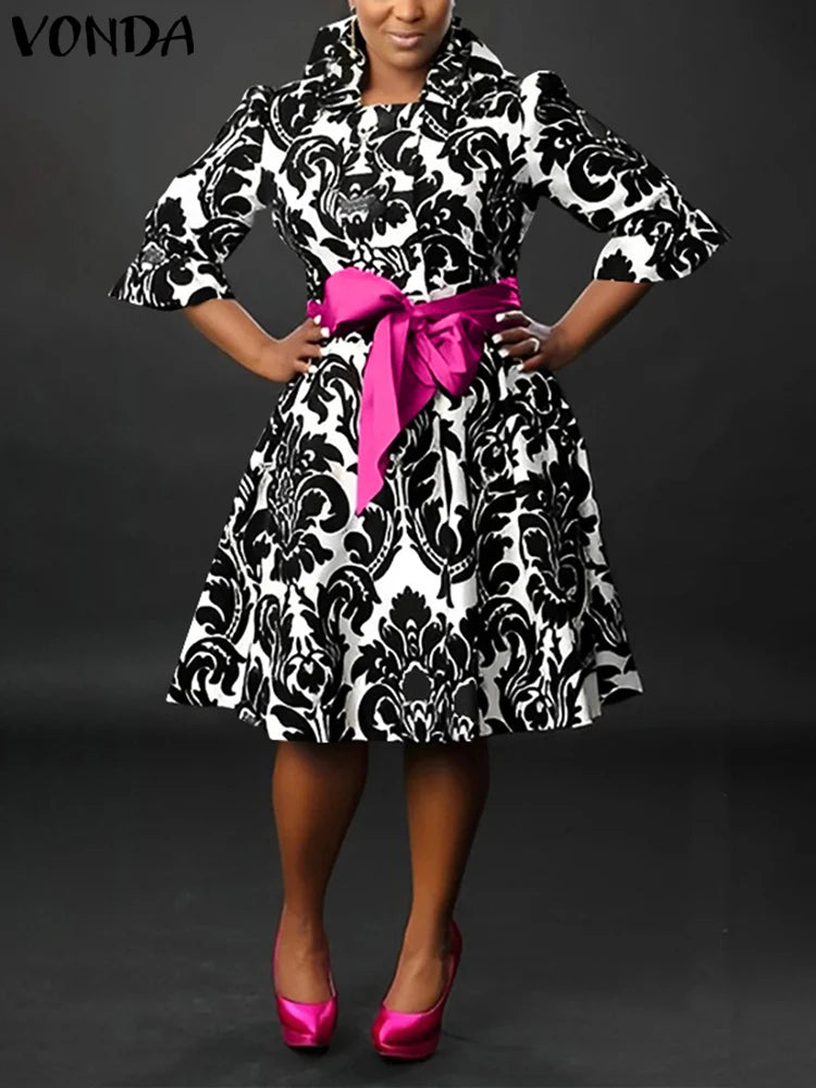 Maxy Plus Size Women Elegant Printed Dress Bohemian Stand Collar Bow Belt Casual Loose Robe Knee Length Sundress