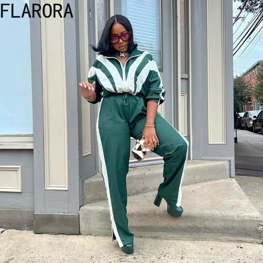 Maxy Autumn Contrast-color Women Tracksuits Casual Zipper Fly Coat And Side Stripe Jogging Pants Women's Two Pieces Set