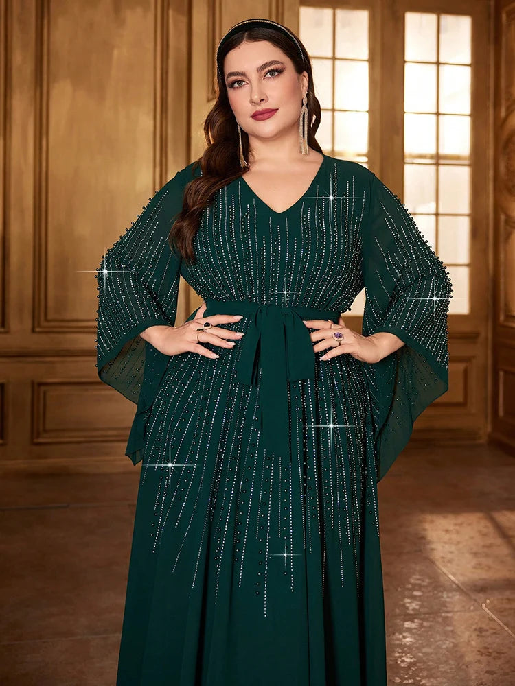 Maxy Women Bead Bell Sleeve Belted Dress, Long Dresses, Luxury, Elegant, Formal, Arabian Party, Evening, Plus Size, 2024