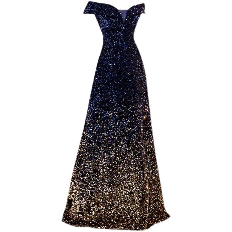 Maxy One Shoulder Evening Gown New Gradient Black Annual Party Stage Performance Host Walking Fish Tail Dress for Women