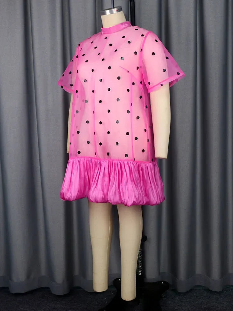 Maxy Pink Polk Dot Ruffle Hem Plus Size Dress See Through Sweet Elegant Casual Party Club Short Sleeve Evening Mini Dress for Women