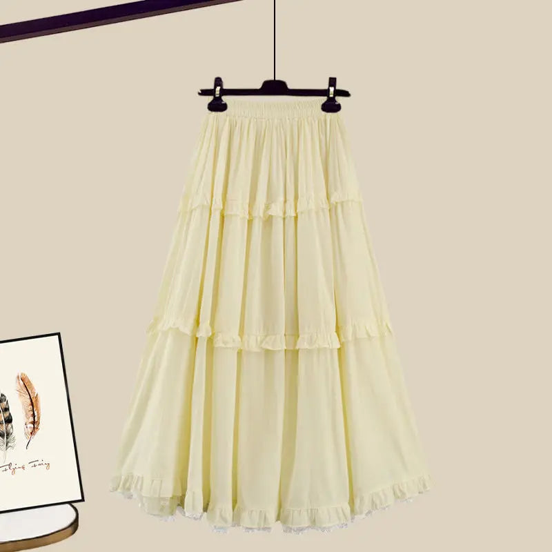 Maxy Summer New French Elegant Women's Dress Set Bubble Sleeve Pleated Chiffon Shirt Top Lace Pleated Princess Skirt Two Piece Set