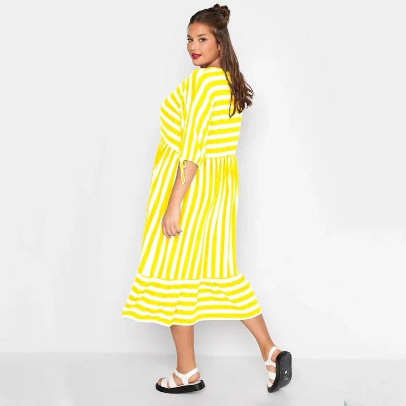 Maxy Plus Size Summer Elegant Striped Smock Dress Women Loose 3/4 Tie Sleeve Frill Hem Party Dress Casual Midi Maxy Tiered Dress 7XL
