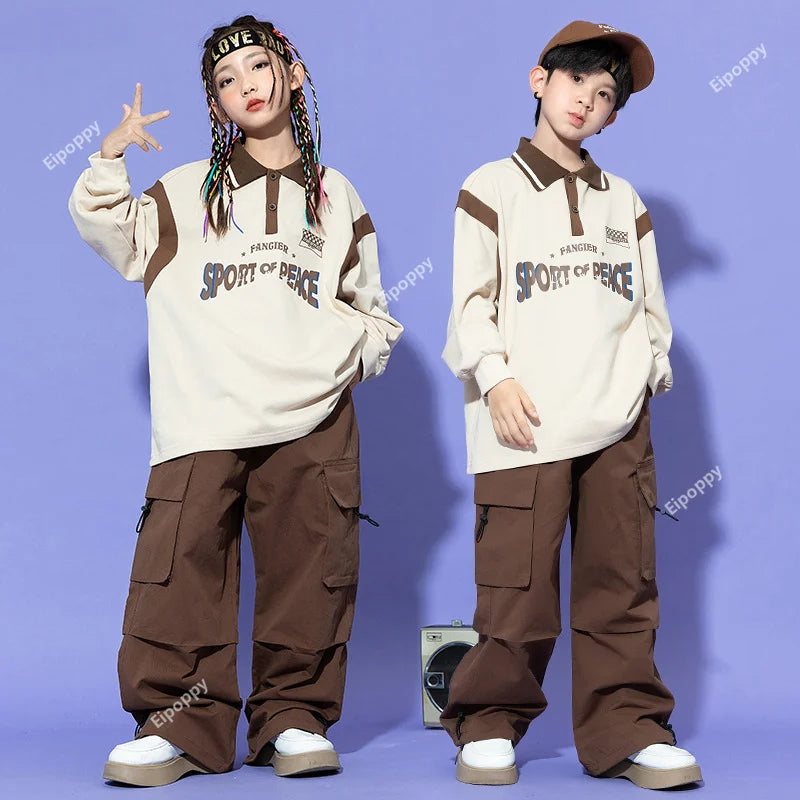 Maxy Boys Hip Hop Shirt Solid Cargo Pants Girls Sweatshirt Street Dance Joggers Children Sport Clothes Sets Kids Jazz Costumes