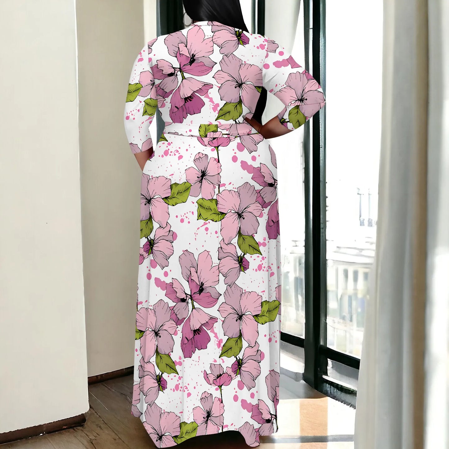 Maxy Plus Size White Wrap Dress Pink Flower Print Belted V Neck Summer Holiday Style