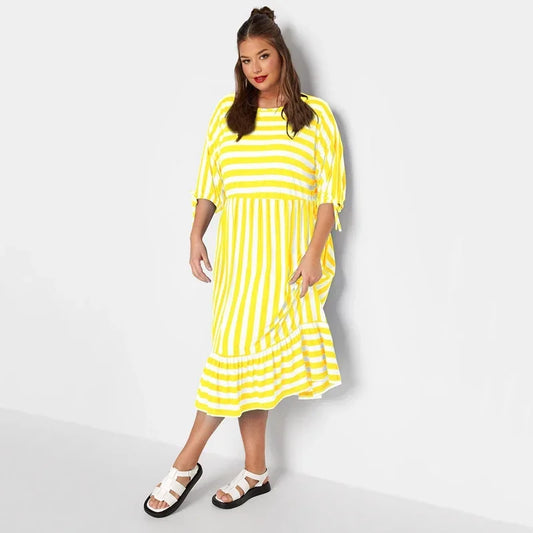 Maxy Plus Size Summer Elegant Striped Smock Dress Women Loose 3/4 Tie Sleeve Frill Hem Party Dress Casual Midi Maxy Tiered Dress 7XL