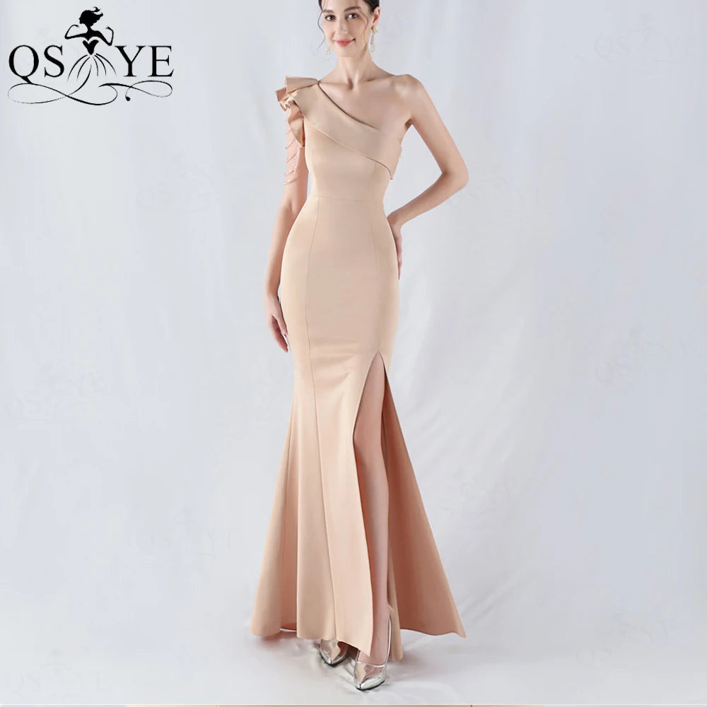 Maxy Beading Strap Ruffles One Shoulder Champagne Prom Dresses Slit Stretchy Satin Fitted Party Gown Lapel Neck Elegant Evening Dress