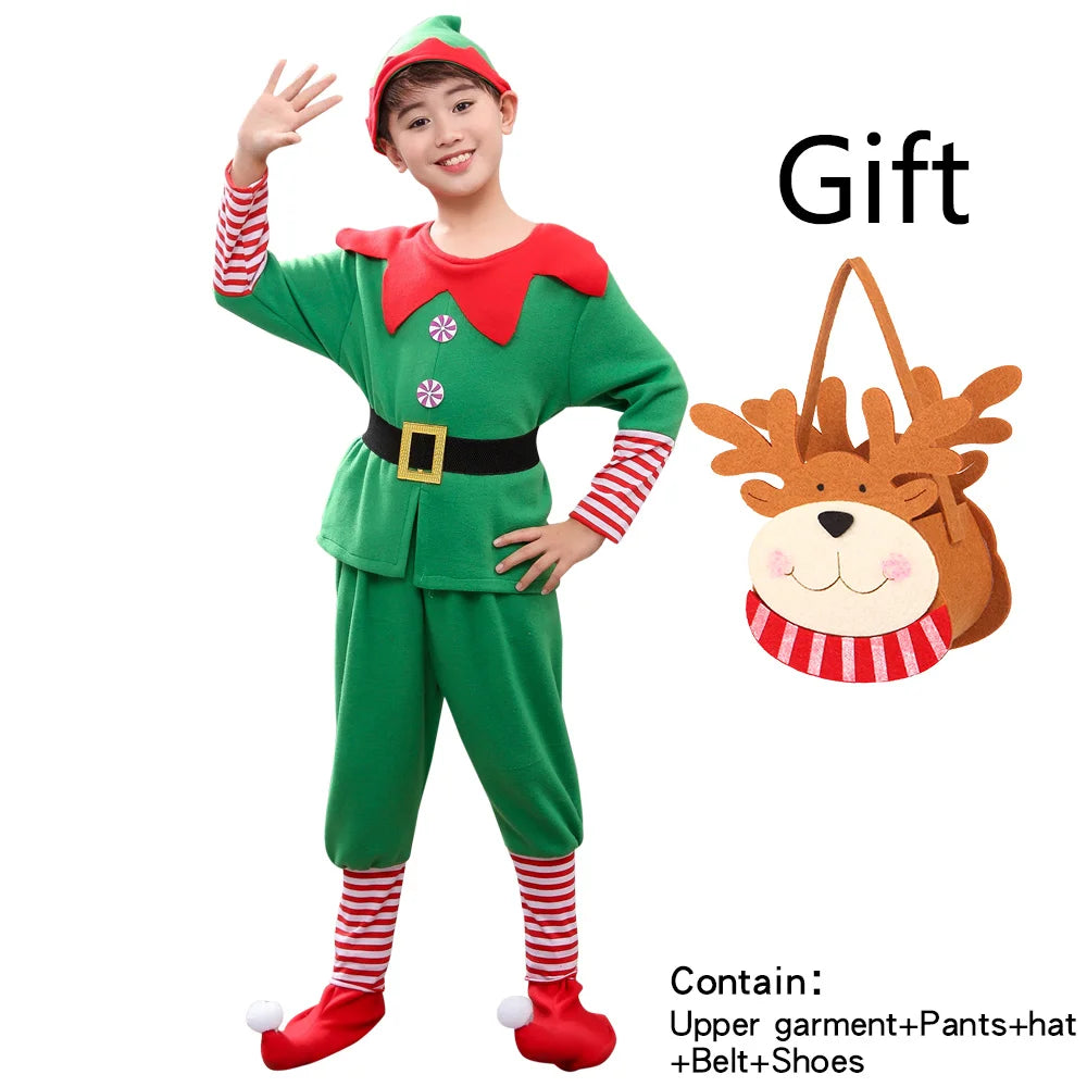 Max Christmas Santa Claus Costume Green Elf Cosplay Family Carnival Party New Year Fancy Dress Clothes Set For  Girls Boys