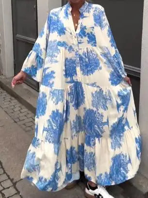 Maxy Plus Size Floral Print Dress V-Neck Button Front Flared Sleeve Summer Beach Vacation Boho Long Dresses Outfit For Woman
