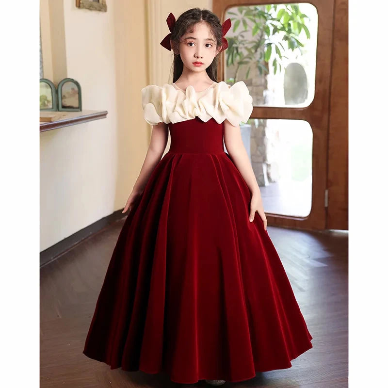 Wedding Flower Kid Elegant Costumes Christmas Party Children Formal Burgundy Long Dresses Teen Girls Birthday Gala Fashion Dress