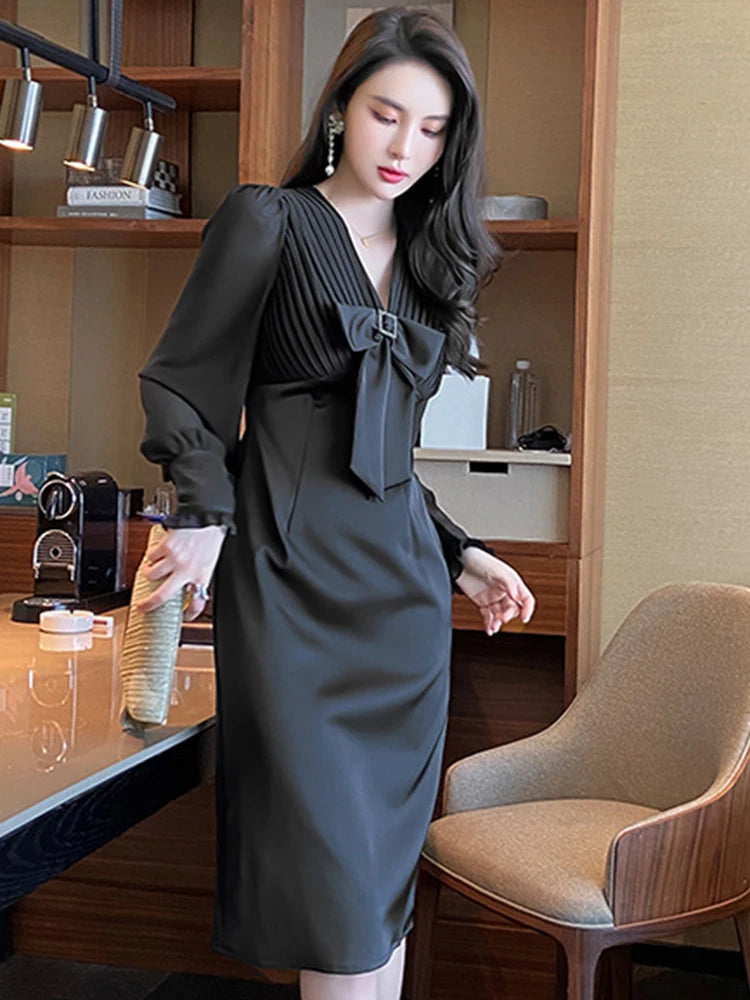 Gaxy Elegant Celebrity Woman Dress Chiffon Spliced V-neck Bow Puff Sleeve Slim Black Robe Femme Midi Gown Office Party