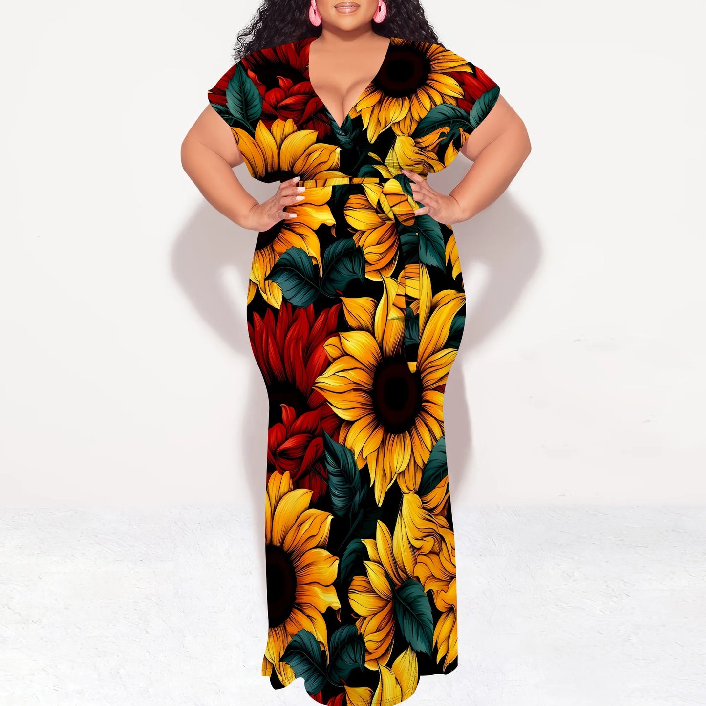 Maxy Plus Size Floral Print Dress V Neck Summer Casual Elegant Long Dress for Women