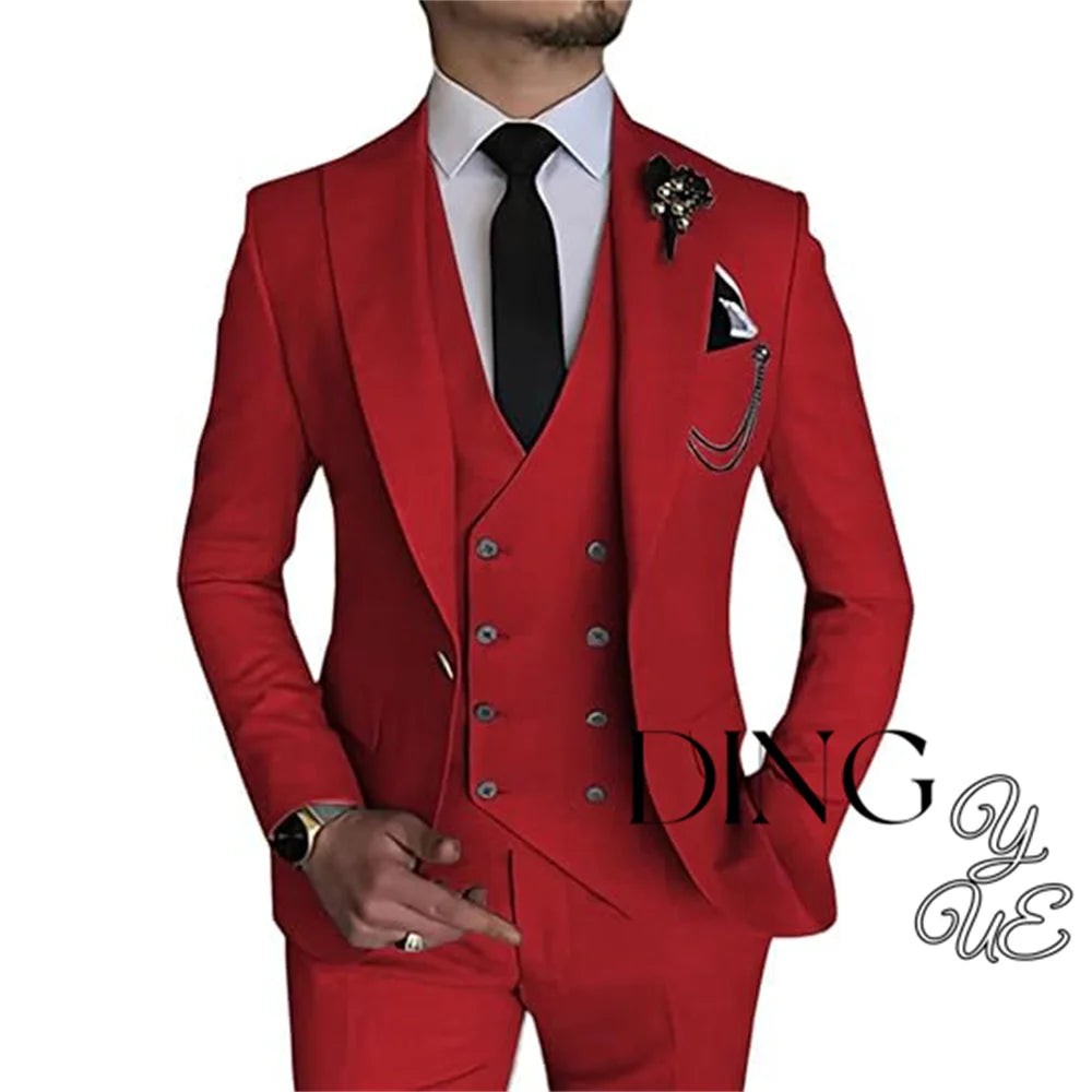 Visco Men Business Blazers Jacket Vest Trousers High End Wedding Party Groom Suit 3 Pieces Sets Coat Pants Big Size Dress