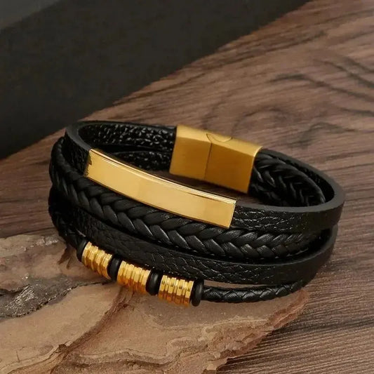 Maxy Multi Layers PU Leather Mens Magnut Closure Bracelet Waved Leather Gold Color Metal Tube Charm Fashion Mens Jewelry Hiphop