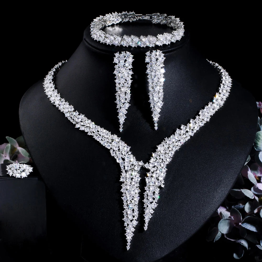 Maxy 4Pcs Brilliant Dubai CZ Heave Stonework Big Luxury Dinner Party Wedding Bridal Costume Jewelry Sets for Women T663